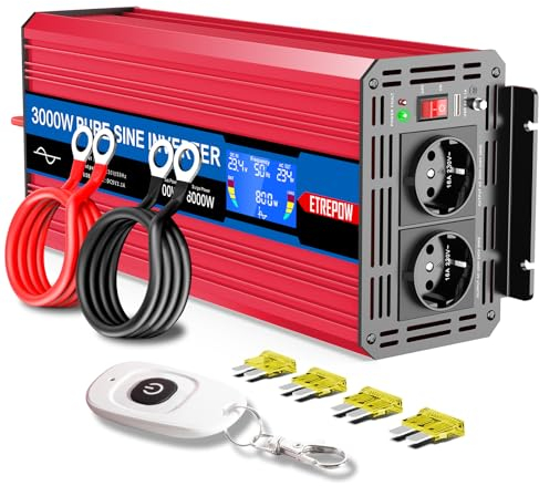ETREPOW 3000W/6000W Wechselrichter 24V auf 230V Reiner Sinus Spannungswandler Konverter Pure Sine Wave Power Solar Inverter mit 2 EU-Steckdose,Drahtlose Fernsteuerung,LCD Bildschirm
