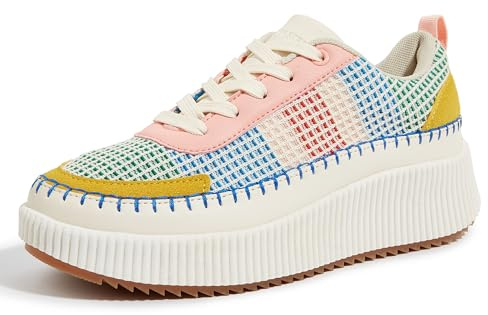 LUCKY STEP Women's Platform Sneakers Rhinestone Fashion Chunky Casual Sparkly Retro Braided Walking Shoes (Pink/Yellow Multi Knit,9.5 B(M) US)