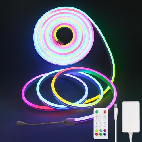 Aclorol RGB+IC Neon Rope Lights 10M Waterproof Outdoor LED Neon Strip Lights with Music Sync,Flexible DIY Design Works with Bluetooth APP,Dreamcolor for Bedroom Wall Decor 24V