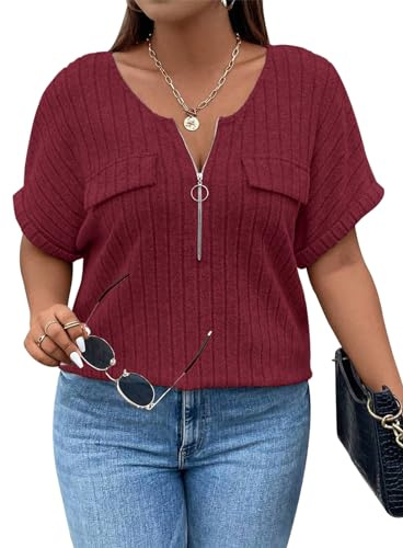 Gemulate Plus Size Tops for Women V Neck Zipper T-Shirts Oversized Ladies Tops Ribbed Short Sleeve Tunic Top Loose Casual Lightweight Shirt Blouses XL-5XL