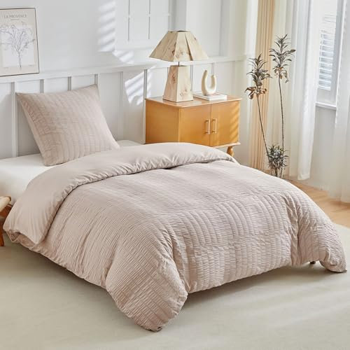 Tokokimo Seersucker Bettwäsche 135x200 - Khaki Bettbezug 135x200 cm Microfaser 2teilig Sommer Bettwäsche Set mit Reißverschluss - und 1 Kopfkissenbezug 80x80cm mit Reißverschluss