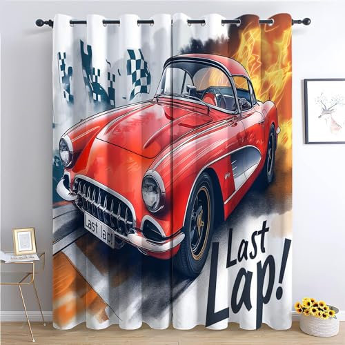Srigzcaly Retro-Auto Verdunkelungsvorhang 2er Set 150x166cm(BxH) Rot Gardine Polyester für Schlafzimmer Kinderzimmer Wohnzimmer Dekoration