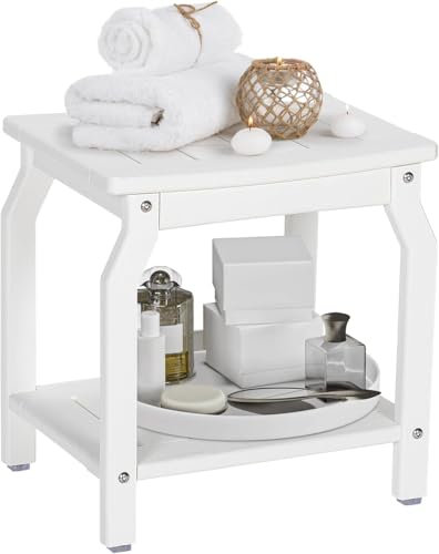 NALONE Beistelltisch Duschhocker, HDPE Badhocker modern Design 2-Tier badezimmerhocker mit rutschfesten Fußpolstern, hölzerner Spa Duschhocker für Innendusche, ergonomischer und wasserdichter