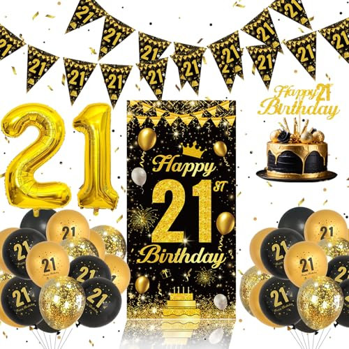 21st Birthday Decorations Set - Black And Gold Balloons, Birthday Banner, Cake Topper For Him Her, Black Gold birthday Party Decorations Supplies