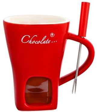 Tazza in ceramica per fonduta di cioccolato, con forchetta, scalda formaggio, fonduta di burro riscaldata (rosso, senza candela) 0808