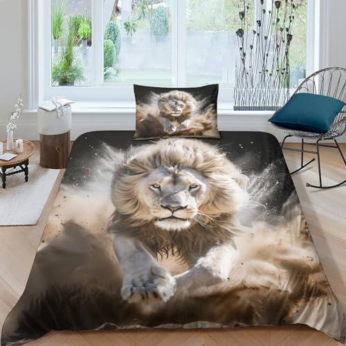 NRAOPEVVD Löwe Bettbezug Set Bettwäsche Kinderbettwäsche-Set Reißverschluss Mit Kissenbezug Betten Set Für Jugendliche Kinder Schlafzimmer Single(135x200cm)