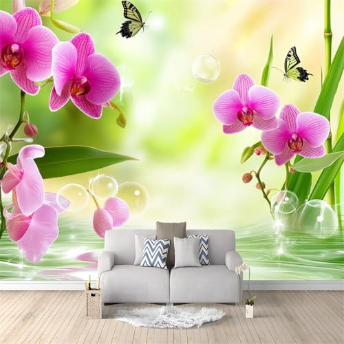Tapete Fototapete 3d Effekt Elegante Blume Orchidee, Tapeten Wandekoration Wohnzimmer Schlafzimmer Büro Flur, Vliestapete Wandtapete Bildtapete Wand Dekoration 250 x 175 cm, Rosa Grün