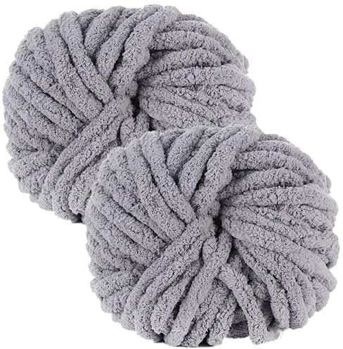 bechoanigel 2 Stück Dicke Wolle Garn 500g, Armstricken Wolle Dickes Garn, XXL Weiches Chunky Wolle, Super Weich Chenille Wolle zum Häkeln für Decken, Schals, Mützen, Haustier Nest (Grau)
