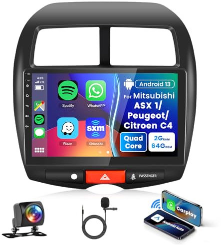 2+64G Android Radio de Coche para Mitsubishi ASX 1/Peugeot 4008/Citroen C4 Wireless Carplay Android Auto, 10.1 Pulgadas 2.5D Pantalla Táctil Radio con GPS Bluetooth FM RDS WiFi EQ Cámara Trasera