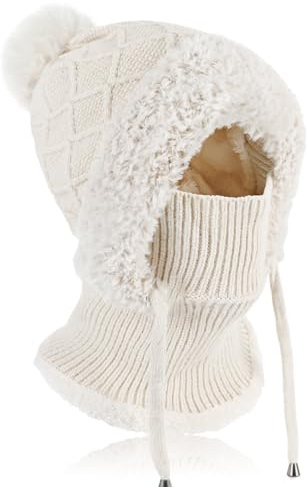 TAGVO Strickmütze Damen Thermo Winter, 3 in 1 Beanie Mütze Warm Strickmütze & Halswärmer Sets, Multifunktional Verstellbar Sturmhaube Gesichtsmaske mit Dickes Fleece gefüttert für Frauen Outdoor