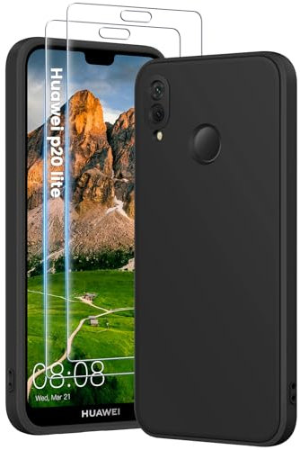 HuwaiH 3 in 1 Hülle für Huawei P20 lite, mit 2 Stück 9H 0.33mm Panzerglas, Upgraded Kameraschutz, Kratzfeste Stoßfeste Handyhülle für Huawei P20 lite(Tiefschwarz)
