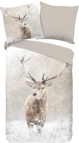 Good Morning Wendebettwäsche Snowdeer Flanell Sand Größe 1x 135x200 cm + 1x 80x80 cm