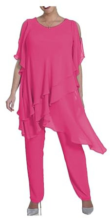 Traje de pantalón para madre de novia, talla grande, media manga, 2 piezas, traje formal de gasa para invitados de boda, fucsia, 40