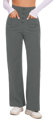 Desol Stoffhose Damen Weites Bein, Hoher Taille Business Hose Damen, Knopfleiste, Dehnbare Palazzo Hose mit Mehreren Taschen