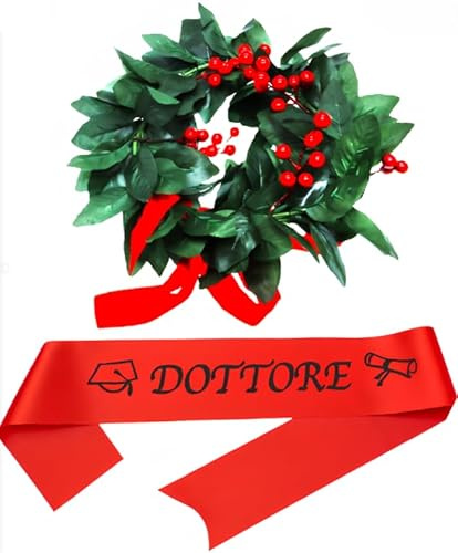 SUNLUX Corona Laurea con Fascia Rossa Dottore - Accessori Laurea Completi per Uomo e Donna - Festa di Laurea, Gadget e Decorazioni Eleganti