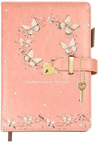 Qefuna journal avec cadenas cœur et papillon UV – Carnet A5 pour filles et adultes, 200 pages (100 g/m²), ligné 8 mm, porte-stylo, marque-page – Idée cadeau rose
