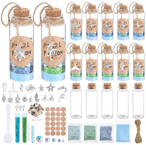 WEBEEDY 12 Sets DIY Sea Glass Bottle Mermaid Ornaments Small Glass Jar with Cork, DIY Sand Art Bottles with Pearls Shells Wish Paper, Ocean Animals Charms, Message Jar for Christmas Party Room Decor