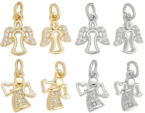 CRAFTYMELODY 8 Stück 18K Vergoldete Messing Engel Anhänger 4 Stile Schutzengel Anhänger Micro Pave Zirkonia Charms Messing Engel Flügel Schmuck