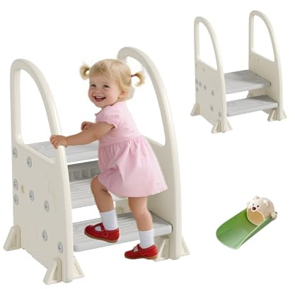 Hominewti Tritthocker für Kinder, 2–3 Stufen Höhenverstellbar, Rutschfester Hocker, Multifunktionaler Tritthocker mit Armlehnen, Geeignet für Badezimmer, Kleinkinderzimmer, Küche, (Grau)