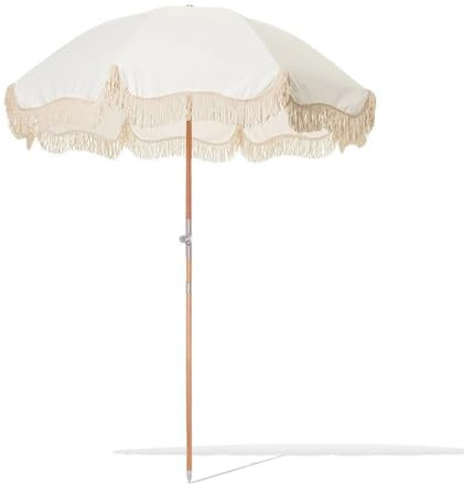 Parasole da Giardino Bianco con Frangia, 200cm Ombrellone da Spiaggia Boho con Inclinazione Regolabile, Tettuccio Tondo per Patio, Piscina, Esterno