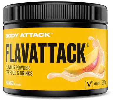 Body Attack Flavattack Mango, 250 g - nur 7 kcal/Portion - Intensives Flavour Pulver für Müsli, Rice Pudding, Haferflocken, Drinks etc. - Geschmackspulver ohne Palmöl, Aspartam, Gluten