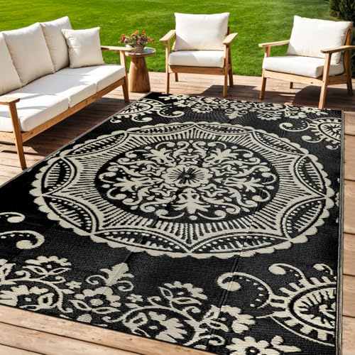 Capslpad Outdoor Teppich Wetterfest, Balkon Teppich, Kunststoff Camping Teppich, Leichtgewicht Picknickdecke, Vorzeltteppich Outdoorteppich für Balkon, Picknick, Camping, Garten, 150 x 245 cm Schwarz