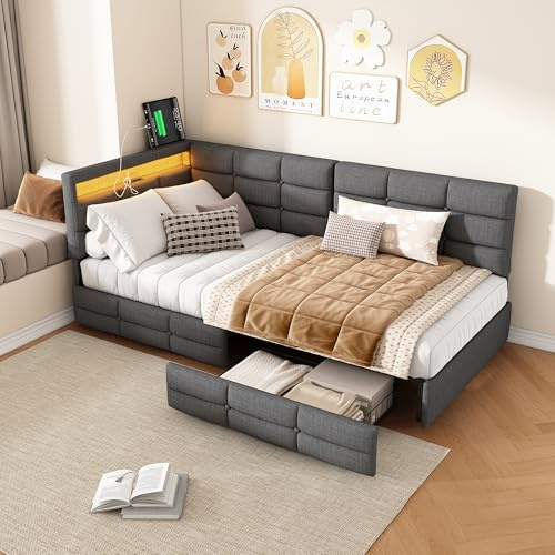 KOOPMAD Einzelbett mit Stauraum,Polsterbett Schlafsofa 90x200,Schubladenbett mit LED und USB,Jugendbett,Gästebett Daybett Tagesbett,Kinderbett, Bettgestell mit Lattenrost,Ohne Matratze (Grau-B)