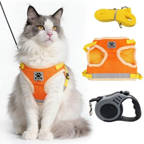 JUNJIEFU Katzengeschirr mit Leine, ausbruchsicheres Softgeschirr für Katze | Orangegelbes Softgeschirr in Größe M, Hals 29–33 cm, Brust 35–40 cm, reflektierend, mit 1,5 m Nylonleine und 5 m Rollleine
