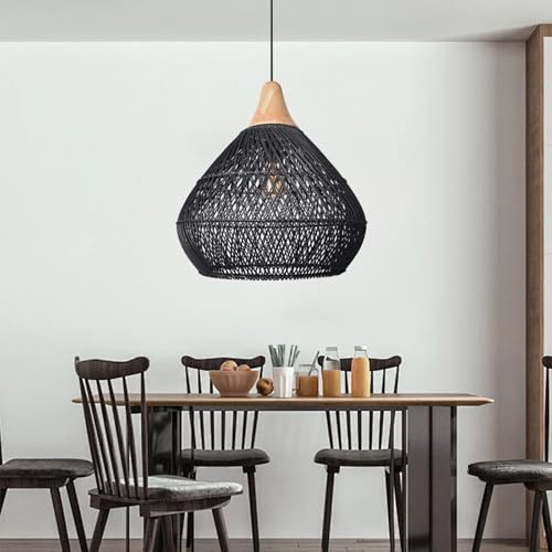 COOINJOY Vintage Hängelampe Rattan Pendelleuchte Boho Style E27 Deckenlampe für Schlafzimmer Wohnzimmer Esszimmer (Ø40cm, Schwarz)
