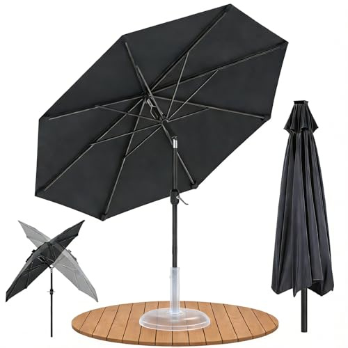 Ferzone Sonnenschirm 300cm mit Kurbel, Balkonschirm Kippbar 45° ohne Ständer Wasserdichte Windfest UV-Schutz, Kleiner Rund Gartenschirm Marktschirm Sonnenschutz für Balkon Terrasse Pool (Grau)