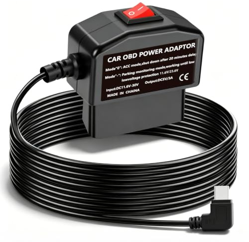 OBD2 zu Typ C Dashcam Stromkabel, 24h Parkmodus Schalter, 3.5m, 12V-24V | Automatischer Unterspannungsschutz (11,6V), 5V/3A Plug & Play Verlegung, Zuverlässiger ACC-Betrieb ohne Sicherungskasten