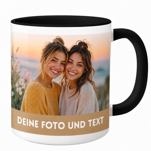 Tasse personalisiert mit eigenem Foto und Text für Papa Mama Freund Familie Geschenkidee Fototasse selbst gestalten 325 ml Keramik Kaffeetasse schwarz