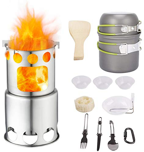 qunlei Camping Kochgeschirr Set, Holzofen Tragbar Tragbar Rucksackreisen Outdoor Wandern Camping Mini Gaskocher Topf