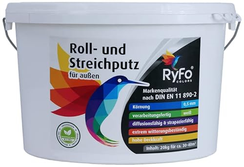 RyFo Colors Roll- und Streichputz für außen 20kg (Größe wählbar) - Rollputz für den Außenbereich und Fassaden, strahlendes weiß mit edler feinkörniger Struktur, einfachste Verarbeitung