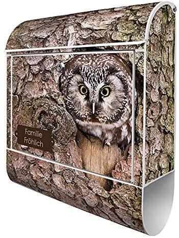 banjado® Design Briefkasten personalisiert mit Eule 38,5x46,5x13cm & 2 Schlüssel - Briefkasten Stahl weiß mit Zeitungsfach pulverbeschichtet - Postkasten A4 Einwurf inkl. Montagematerial