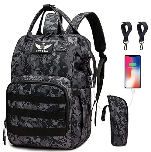 Qwreoia Wickeltaschen-Rucksack mit USB-Ladeanschluss, Kinderwagengurten und isolierter Tasche, taktischer Vorteil, Reise-Wickelrucksack für Papa/Junge/Mutter/Mädchen/Kleinkinder, Schwarz Camo