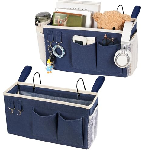 Loghot Bett-Organizer, multifunktionale hängende Aufbewahrungstasche für Etagenbetten, Krankenhausbett, Studentenwohnheime, Bettgestelle, für Brillen, Bücher, Handys, Schlüssel, 2 Stück, Marineblau