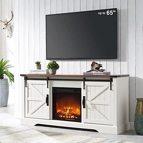OKD Meuble TV avec cheminée électrique de style rustique pour télévision de 165,7 cm et plus, centre de divertissement rustique avec cheminée de 45,7 cm, porte de grange coulissante, étagères de