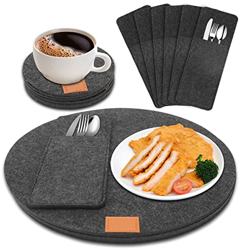 Yuragim Tischset aus Filz 18er Set, 6 Rund Platzset Abwischbar 34cm mit 6 Glasuntersetzer und 6 Bestecktaschen, Waschbare Tischuntersetzer Platzdeckchen, Filz Platzset für Küche Familie und Restaurant