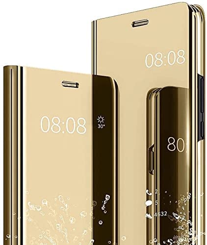 Jeelar NEINEI Case for iPhone 14 Pro Max (6,7”),Flip Plating Mirror Case with Stand Function,PC/PU Translucent Clear View ShockProof Phone Protective Case Cover,Gold