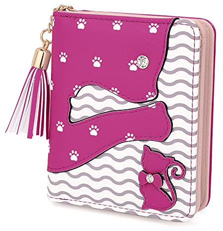 UTO Portefeuille pour Filles Mignon Chat Cuir Vegan Petite Femme Porte-Cartes Kawaii Porte-Monnaie avec Gland Rouge