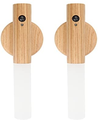 2PC Wooden Wall Light, Indoor Night Light with Motion Sensor, Magnetic Rechargeable Wireless Battery Wall Lights for Bedroom, Hallway, Stairway, Children Room and More (Ash Wood)