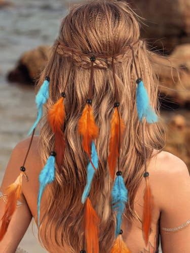 Fashband Indisches Feder-Stirnband, Boho-Quaste, Hippie-Kopfschmuck, Vintage-Tribal indische Party-Kopfbedeckung, Haarschmuck für Frauen (blau)