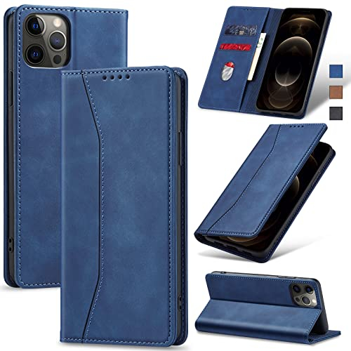 Jasonyu Handyhülle für iPhone 12 Pro Max Hülle Leder Flip Klappbare Stoßfeste Magnetische Premium PU Leder Standfunktion Kartenfächern Schutzhülle Klapphülle,Blau