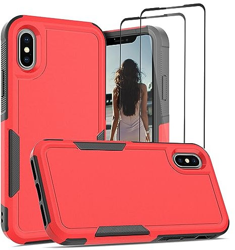 Jeylly for iPhone X Case with Screen Protector [2 Pack], Shockproof iPhone Xs Case Hybrid Silicone BumperAnti Slip Scratch Resistant Hard PC Rugged Phone Cover for iPhone X/Xs, Red