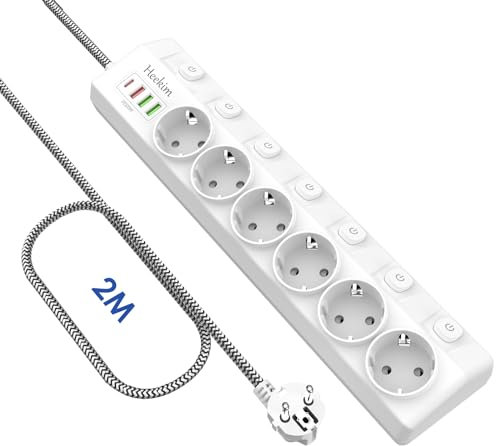 Multiprise 6 Prises, 7 Interrupteurs, 3 Ports USB-A et 1 Port USB-C, Cordon de 2m, Protection Enfant, Rallonge Multiprises Electriques pour Smartphone, Maison, Bureau (4000W/16A) (Blanc)