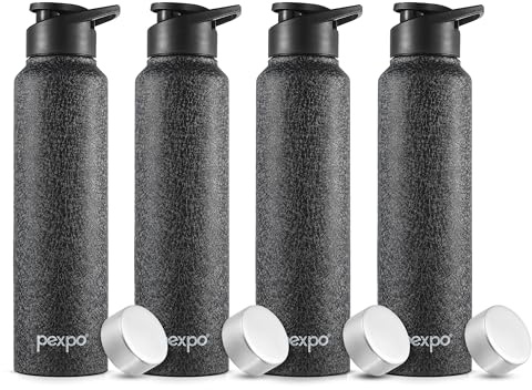 PEXPO Stainless Steel Sports/Fridge Water Bottle, 1000 ml, Black, Chromo Xtreme with Sipper & Steel Cap | Eco-Friendly & Leak-Proof Water Bottle (Pack of 4)