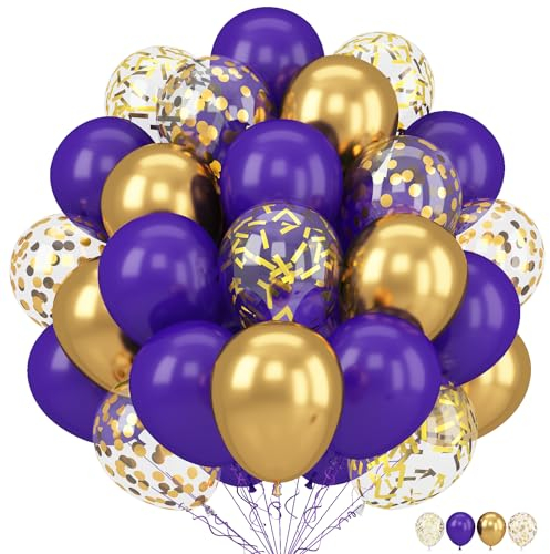 Palloncini viola e oro, 60 confezioni da 30 cm, coriandoli metallici viola scuro e oro, con nastri, per ragazze, donne, compleanni, matrimoni, lauree, decorazioni