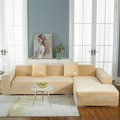 Silber Fuchs Samt-Sofabezug L Form Eckcouch Schonbezug 1 2 3 4 Sitzer Sofa Überwürfe Stretch Plüsch Rutschfester Sofaschutz Sofahusse Möbel Dekoration Couchbezug mit 1 Kissenbezug(70-90cm,Beige)