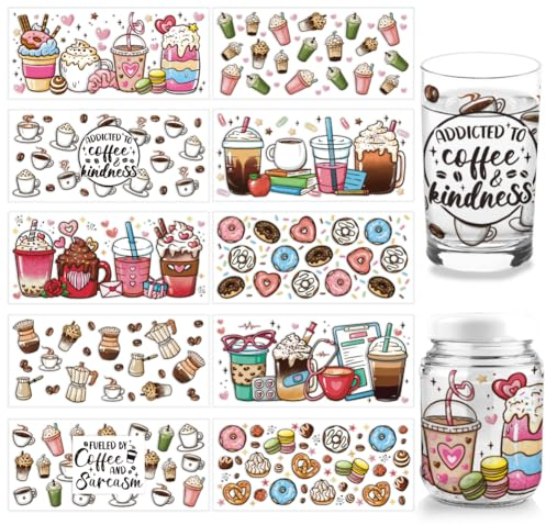 arricraft 10 Pcs 10 Styles UV DTF Cup Wrap Transfer Aufkleber, Assorted Food Drinks und Desserts Muster Glas Rub auf Transfer für DIY Cup Laptop Glas Fenster Dekor Handwerk